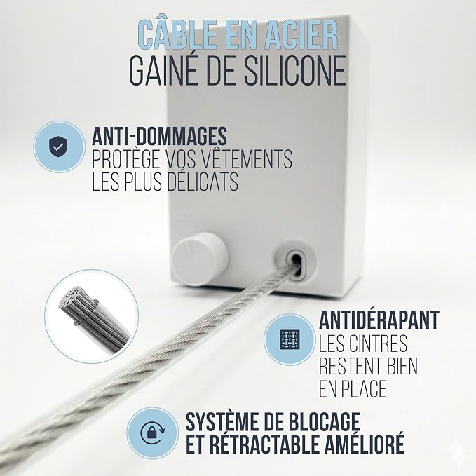 Corde a Linge Retractable avec câble en Acier - Etendoir Linge Interieur Mural Robuste et Discret
