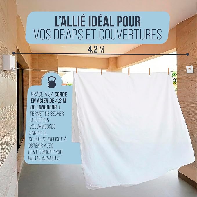 Corde a Linge Retractable avec câble en Acier - Etendoir Linge Interieur Mural Robuste et Discret