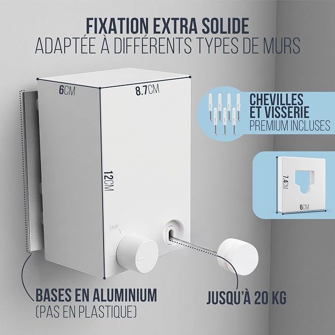 Corde a Linge Retractable avec câble en Acier - Etendoir Linge Interieur Mural Robuste et Discret