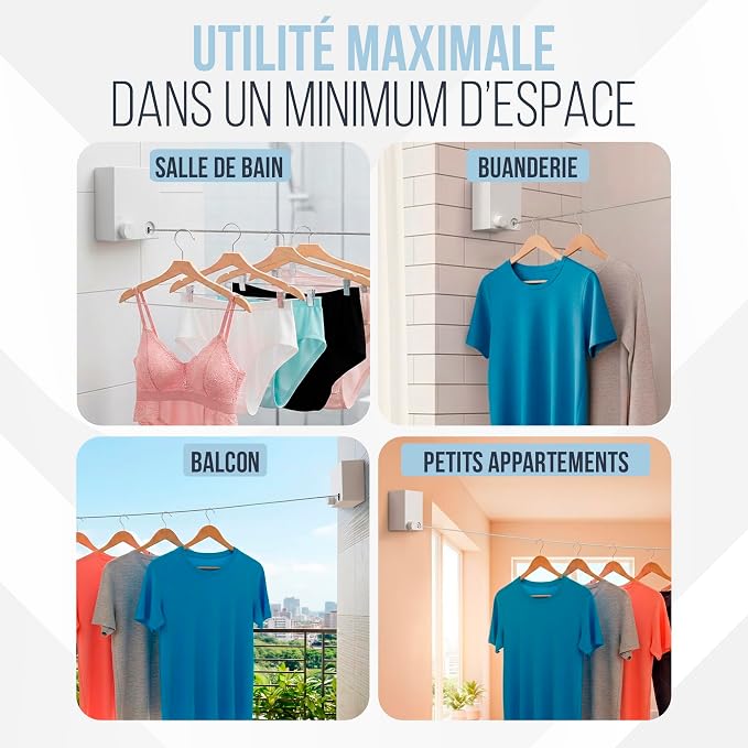 Corde a Linge Retractable avec câble en Acier - Etendoir Linge Interieur Mural Robuste et Discret