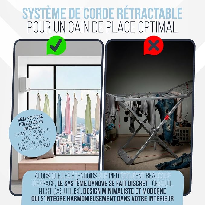 Corde a Linge Retractable avec câble en Acier - Etendoir Linge Interieur Mural Robuste et Discret