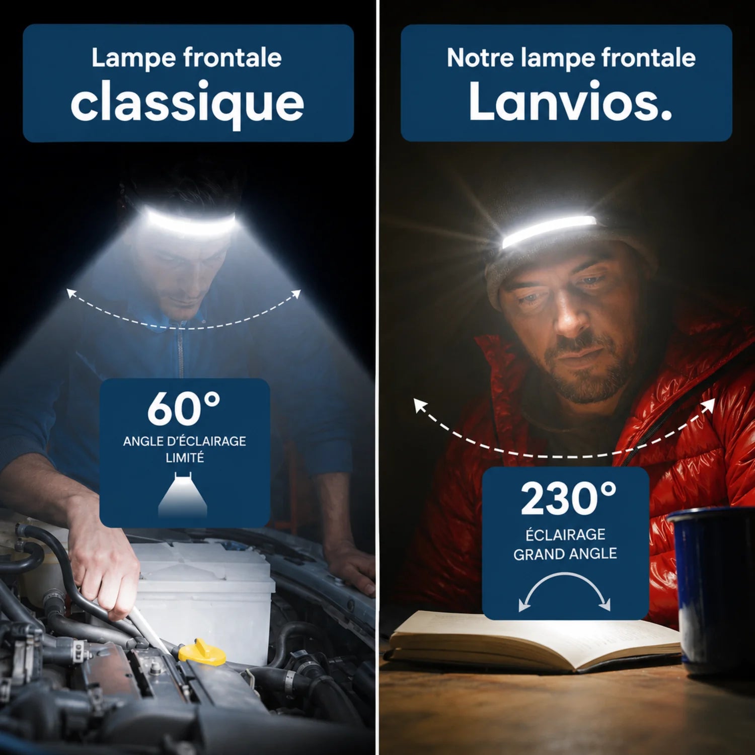 Lampe Frontale Gestuelle 230° - LED Ultra-Puissante avec Capteur de Mouvement | Rechargable USB