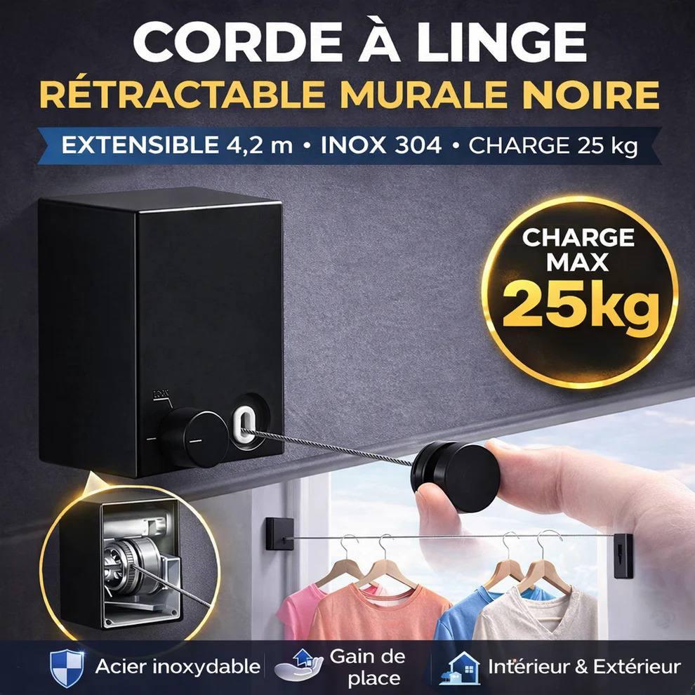 Corde a Linge Retractable avec câble en Acier - Etendoir Linge Interieur Mural Robuste et Discret