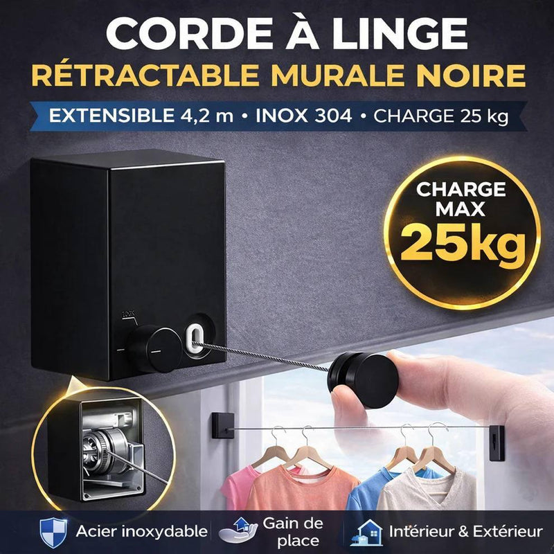Corde a Linge Retractable avec câble en Acier - Etendoir Linge Interieur Mural Robuste et Discret