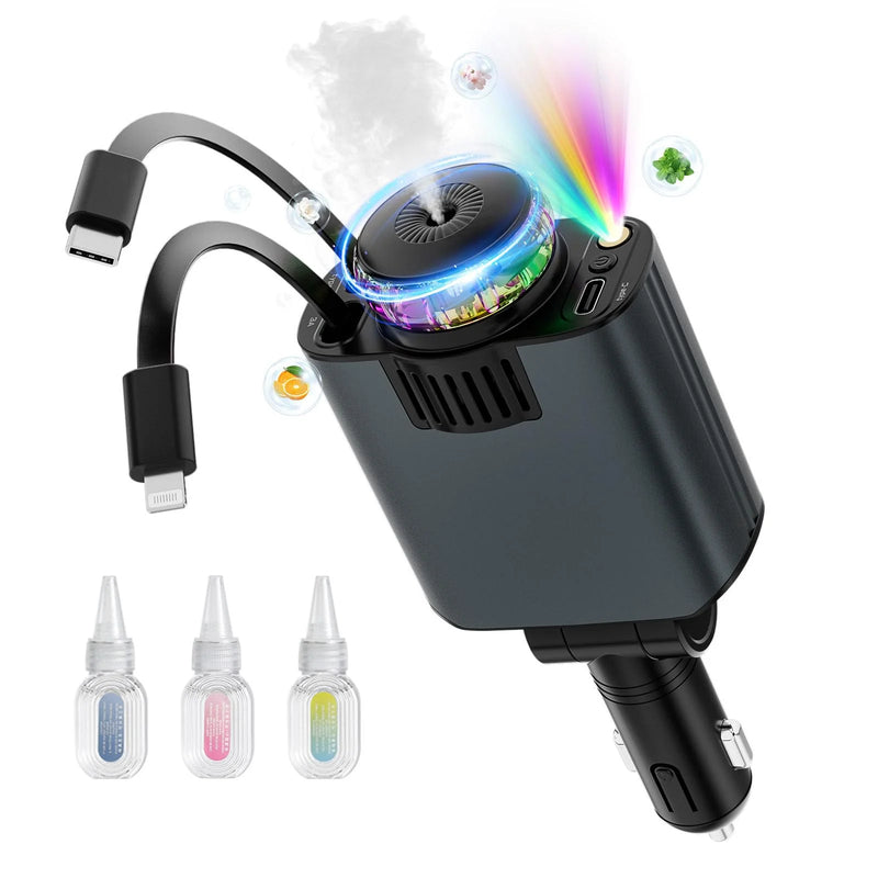 Chargeur Voiture 5-en-1 Premium – Recharge Rapide, Diffuseur de Parfum & Projecteur d'Ambiance LED